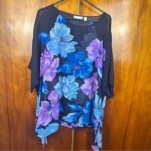 Susan Graver Black and Blue Floral sheer Tunic w/side ties L